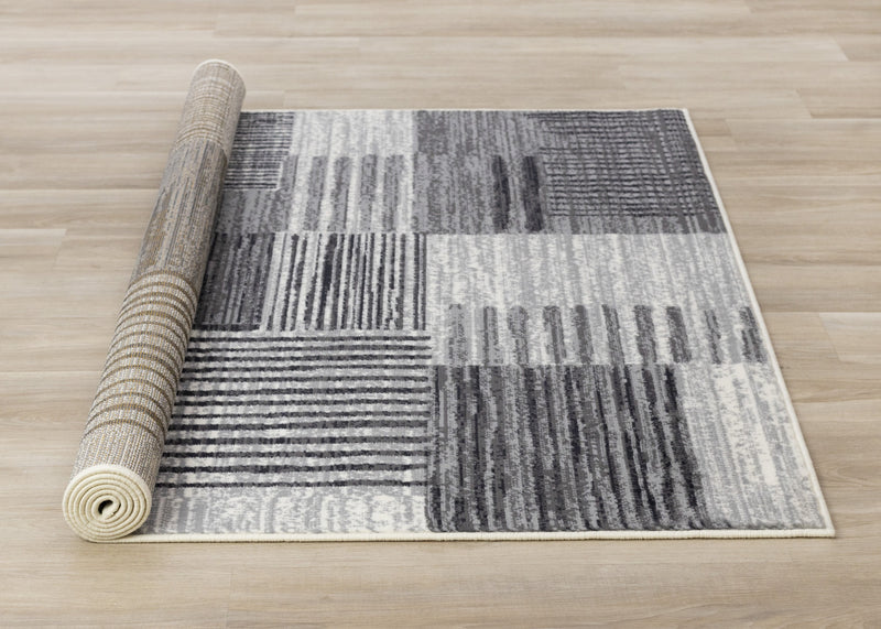 Carpette Forte blanche, grise et noire à motif de taches rayées modernes - 7 pi 9 po x 10 pi 6 po