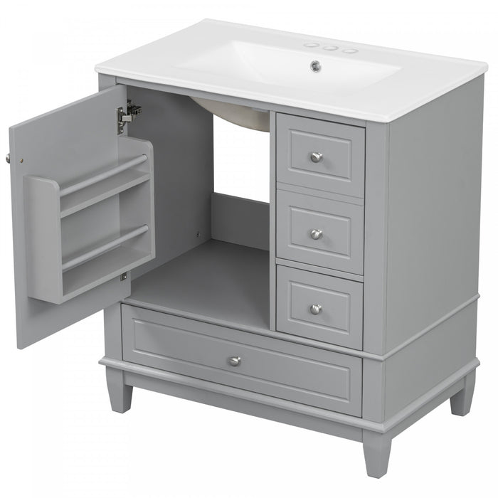 Emma Meuble-lavabo en bois massif de 30\" avec vasque en ceramique et porte a fermeture douce, Gris