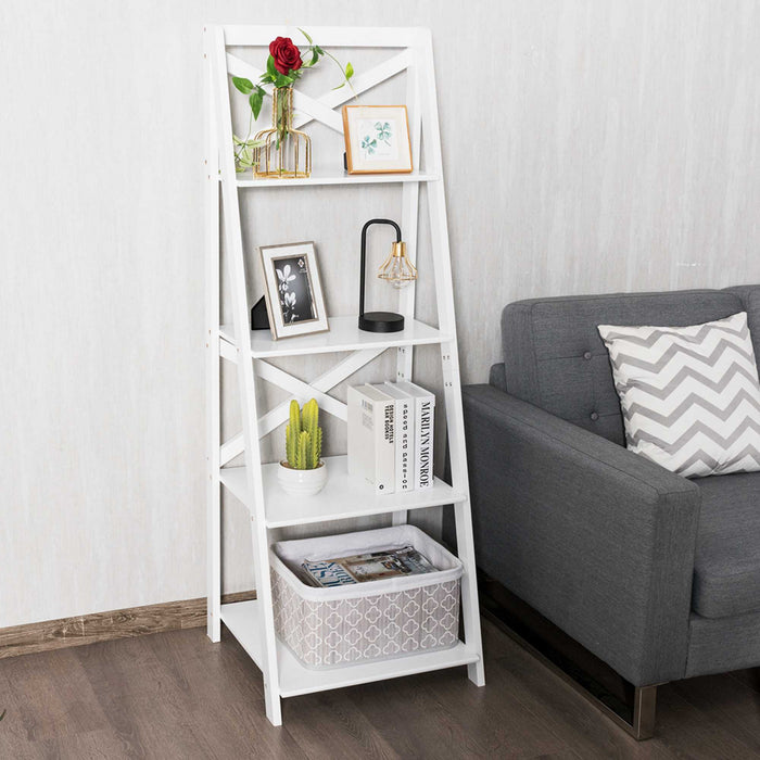 Echelle D'etagere En Bois Echelle Bibliotheque Style Moderne Avec 4 Tablettes Pour Plantes, Livres Support De Chaque Niveau 5kg 50,7x46x1x142,5cm Blanche/noir