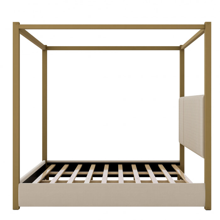 Lit plateforme Sophia a baldaquin avec tete de lit en mousse et velours, taille king, beige