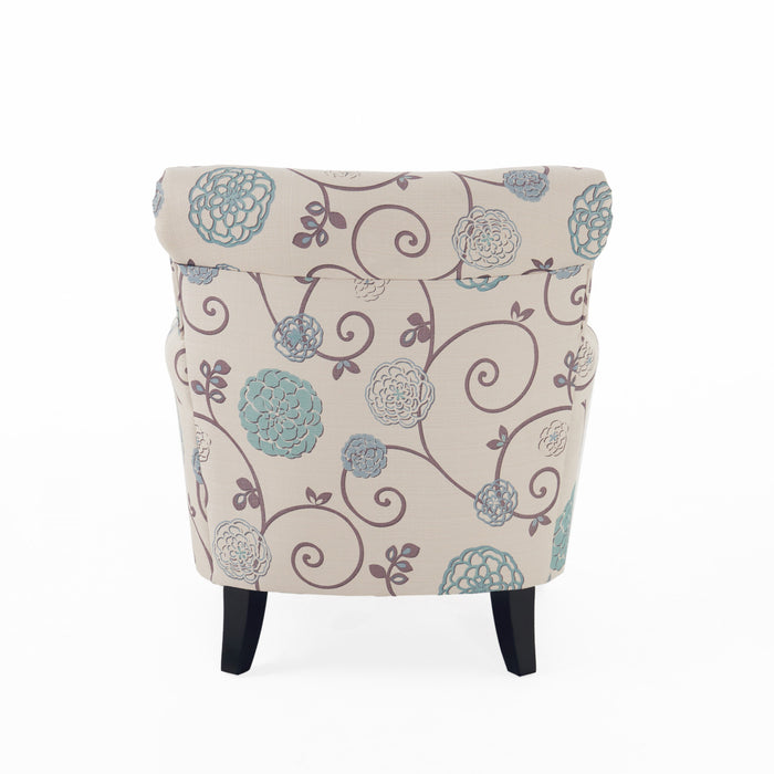 Fauteuil D’appoint Catherine En Tissu aspect lin Avec Pieds En Bois - Blanc Et Bleu