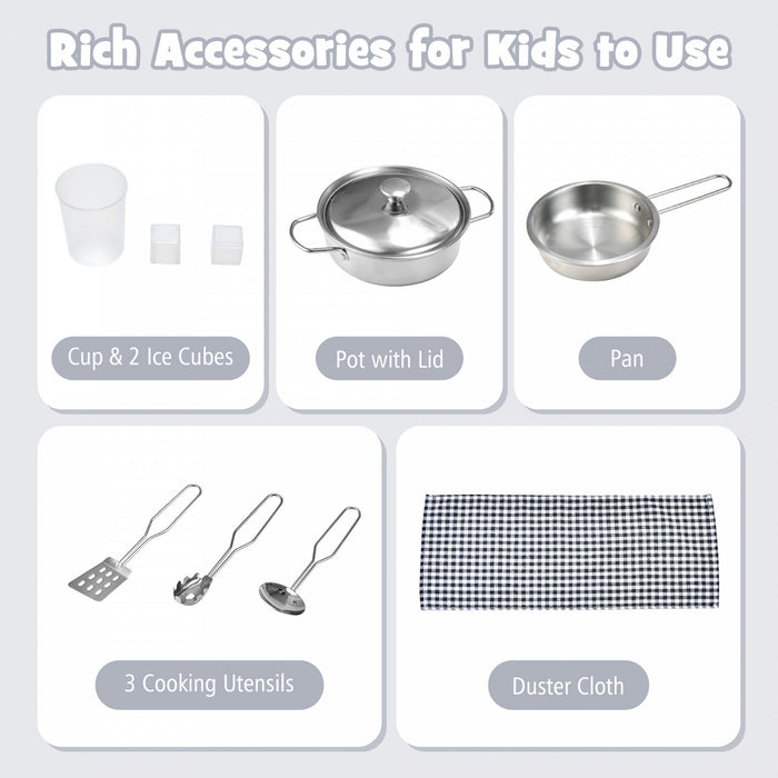 Jeu De Cuisine Pour Enfants Double-face, Ensemble De Jeu De Role 2-en-1 Avec Accessoires, Cuisiniere Et Evier, Distributeur De Glace, Jeu De Cuisine En Bois Pour Role-play, Pour Garcons Et Filles De 3 Ans Et Plus, Blanc