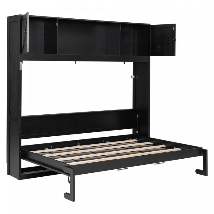 Lit escamotable Ethan en bois massif avec armoires de rangement, taille queen, noir