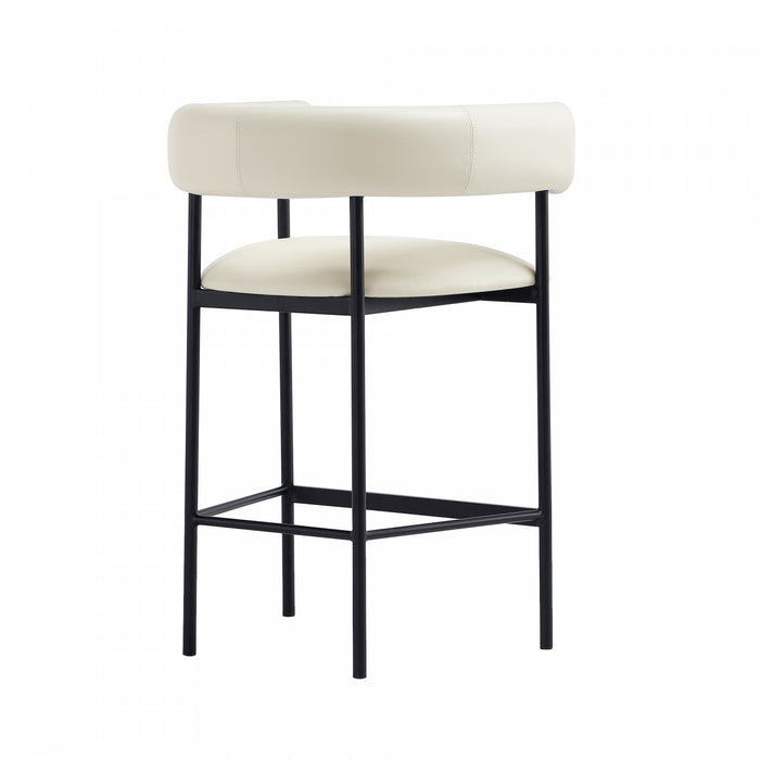Tabouret de comptoir contemporain Onda en cuir vegetalien et metal, coloris ivoire