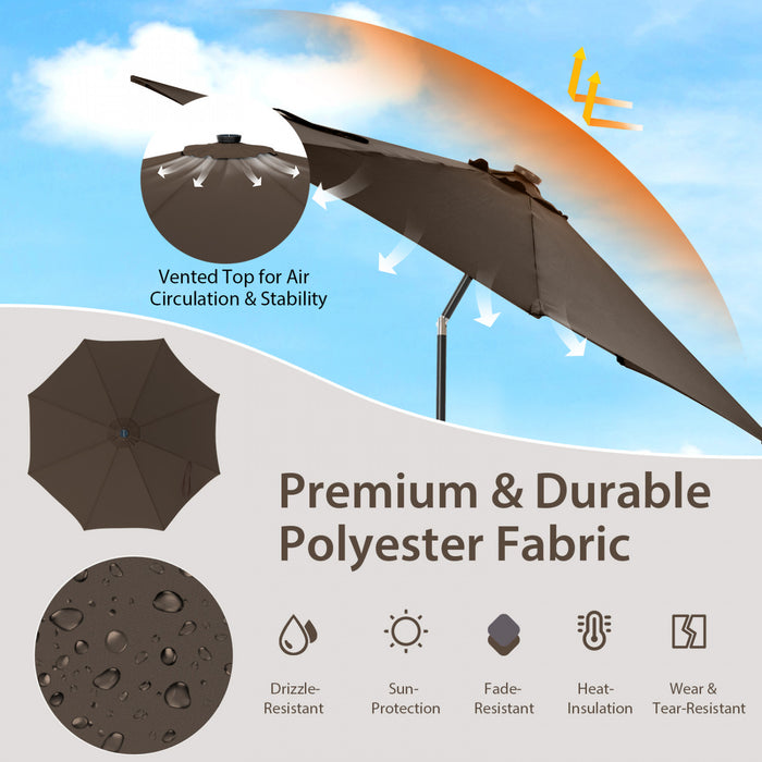 Costway Parasol de marche de patio 10 FT avec 112 LED solaire, inclinaison avec manivelle, exterieur couleur cafe