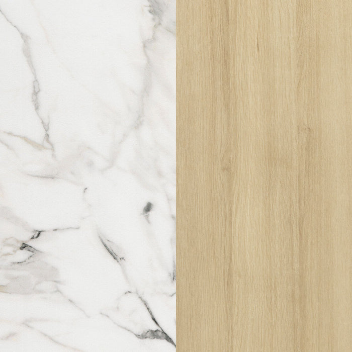 Myro Ilot De Cuisine Avec Porte Et Tiroirs - Faux Marbre Blanc Et Chene Blond