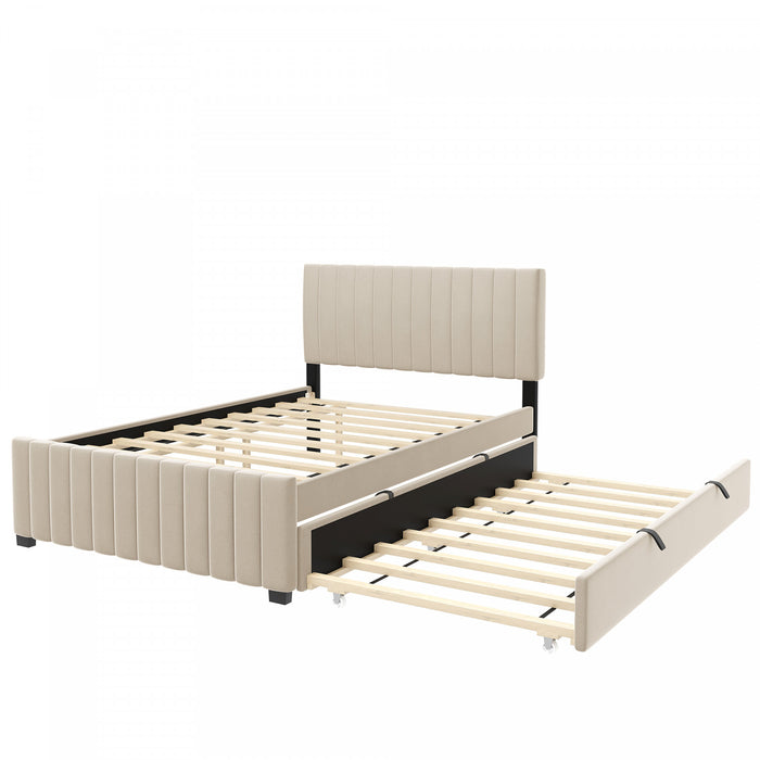 Lit plateforme Ethan rembourre en velours, gain de place, avec tiroir gigogne, taille full, beige