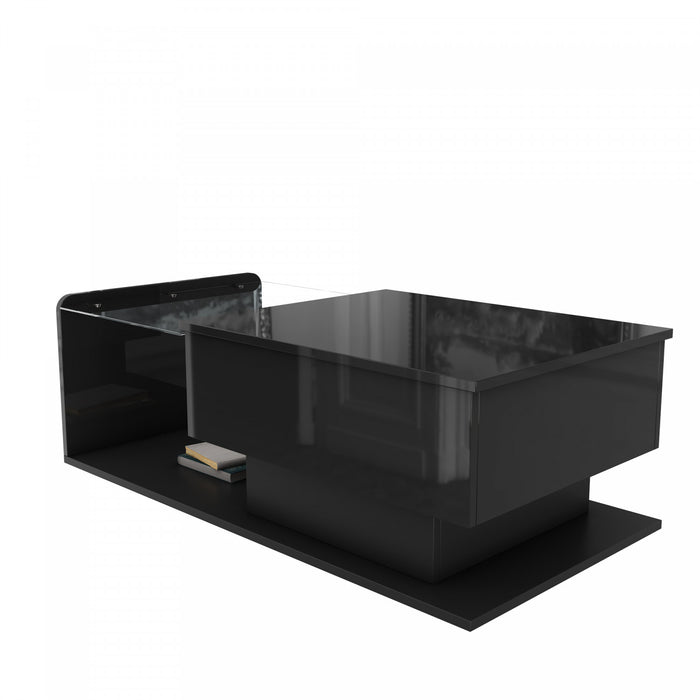 Table Basse Moderne Jonson A Plateau Relevable Avec Eclairage Led, Noir Laque Brillant