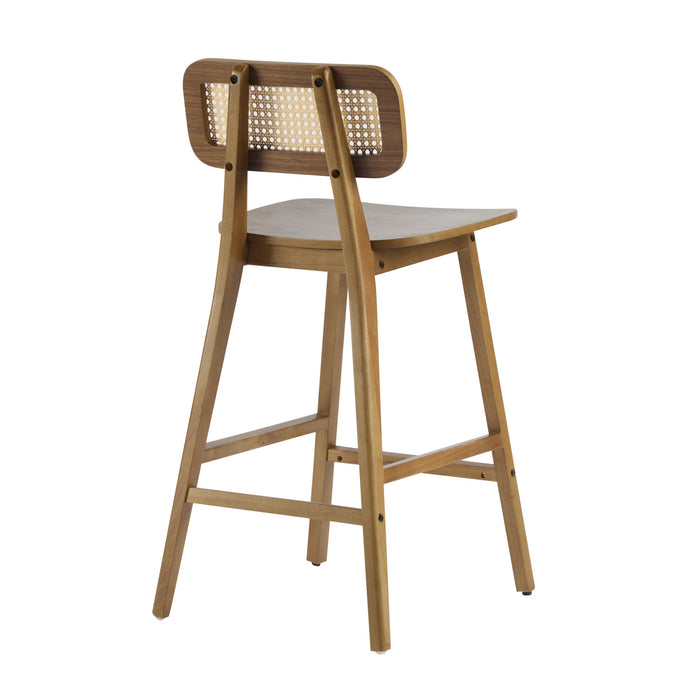 Bari – Lot de 4 tabourets de comptoir en bois d’hevea avec dossier en rotin et repose-pieds, finition noyer