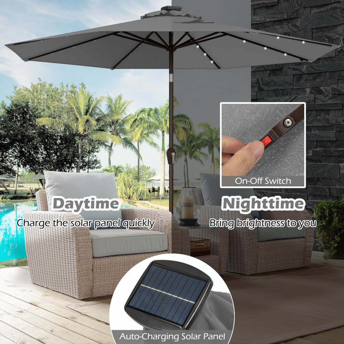Parasol solaire Costway 10 pieds avec LED, parasol de marche inclinable en acier avec manivelle, exterieur gris