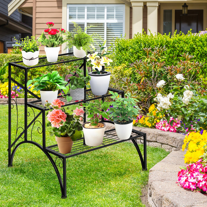 Support Pour Plantes En Metal 3 Niveaux, Support Pour Pots De Fleurs Avec 3 Etageres Ouvertes, Pieds Antiderapants Et Structure Metallique Robuste, Support Decoratif Pour Plantes Pour Jardin, Balcon, Terrasse, Montage Facile