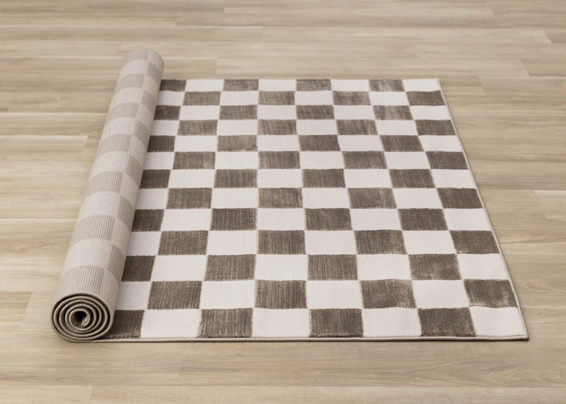Carpette géométrique Leopold brune et blanche à motif de carreaux - 6 pi 7 po x 9 pi 6 po