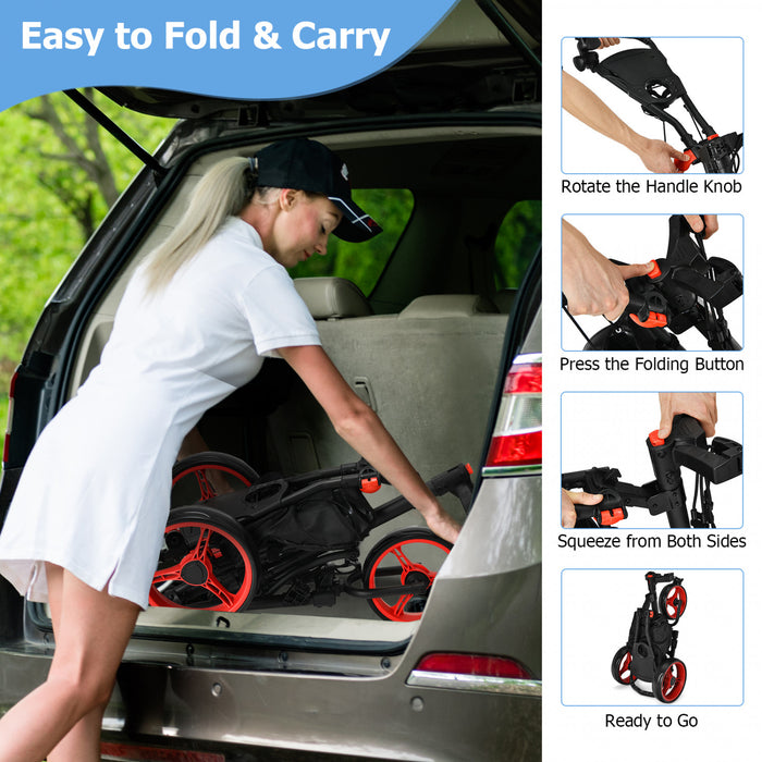 Chariot De Golf Pliable A 3 Roues, 4 Positions De Hauteur Reglables, Chariot De Golf Leger, Chariot De Golf En Aluminium Avec Porte-ombrelle Reglable, Sac Etanche, Glaciere Integree, Frein A Pied, Ouverture Et Fermeture Rapides.