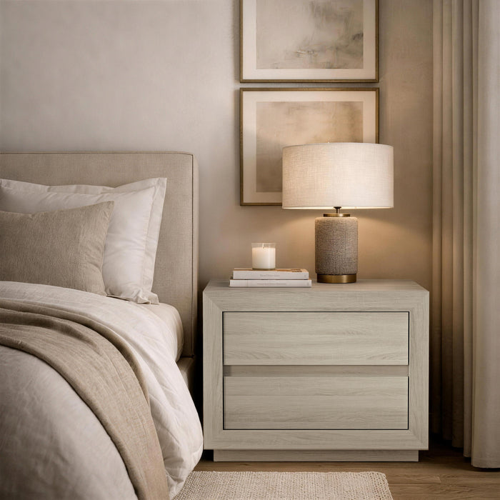 Table de nuit contemporaine Soren 32\" en chene blanchi (2 tiroirs)