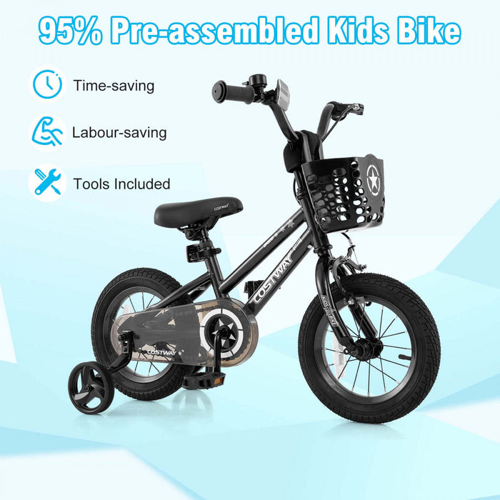 Costway 12\" Velo Pour Enfants Avec Roues D'entrainement Guidon Et Frein A Main Reglable Noir