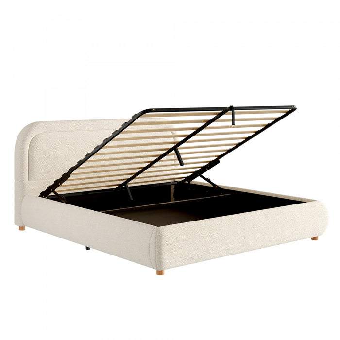 Lit plateforme Sophia avec rangement a levage hydraulique, revetement en boucle, taille queen, beige