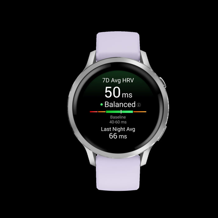 Montre intelligente Garmin Venu 4 41 mm argent pervenche - Suivi d'activite, statut HRV, Pulse Ox, sante des femmes, GPS multi-bande, entrainements quotidiens