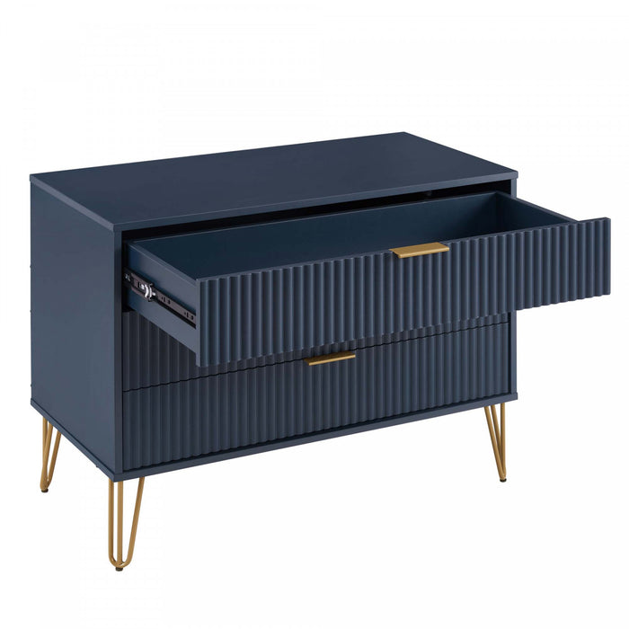 Commode moderne Dumbo 35\" a cannelures en bleu minuit (3 tiroirs)