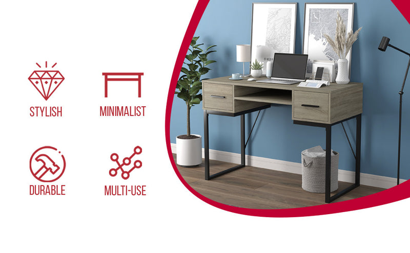 Bureau d’ordinateur de 43 po avec 2 tiroirs et 1 tablette - taupe foncé avec base en métal noir