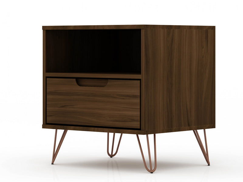 Table de nuit Rockefeller Mid-Century Modern 20\" en brun chataigne (1 tiroir) - Lot de 2