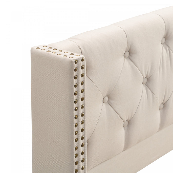 Lit plateforme en lin Haley avec tete de lit a ailes classiques et capitonnage en diamant, taille Queen, beige