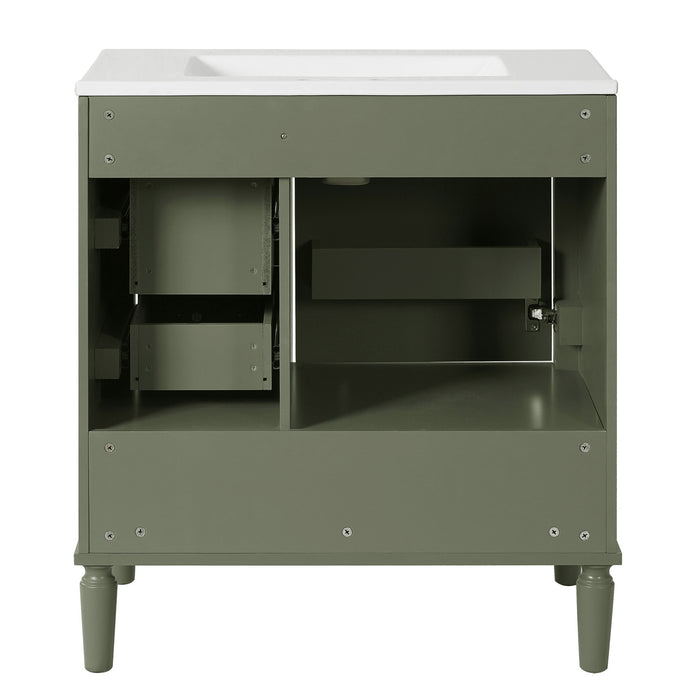 Emerson Meuble de salle de bain 30 pouces avec vasque en ceramique et trois tiroirs, Vert olive