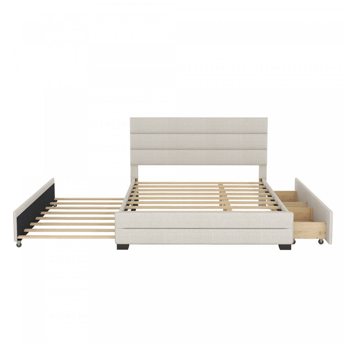 Sophie – Lit Plateforme Rembourre En Tissu Aspect Lin Avec Lit Gigogne Et Tiroirs De Rangement, Format Grand, Beige