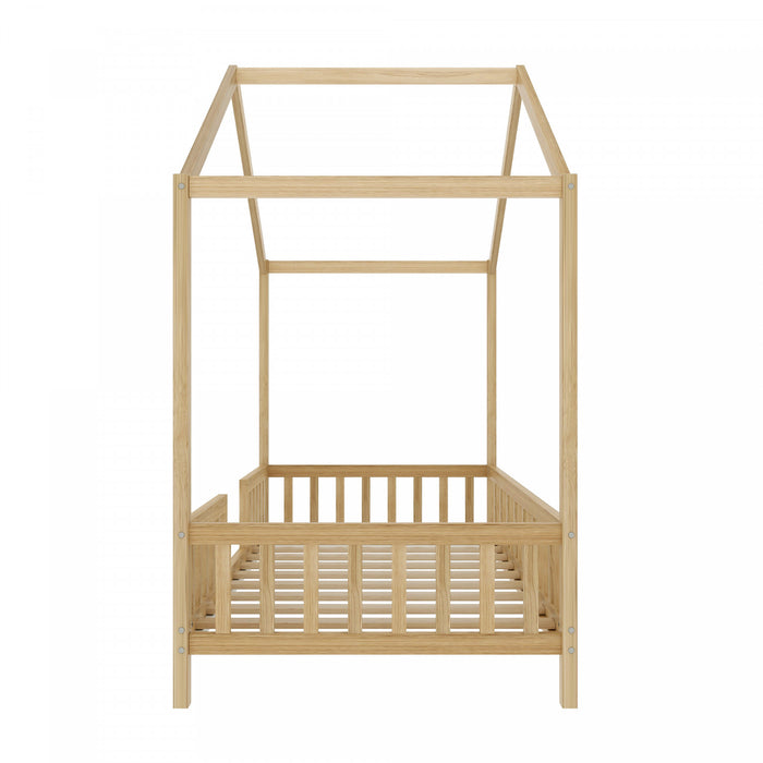Paul Lit Montessori au sol avec baldaquin et barrieres hautes, Taille Simple, Bois Naturel