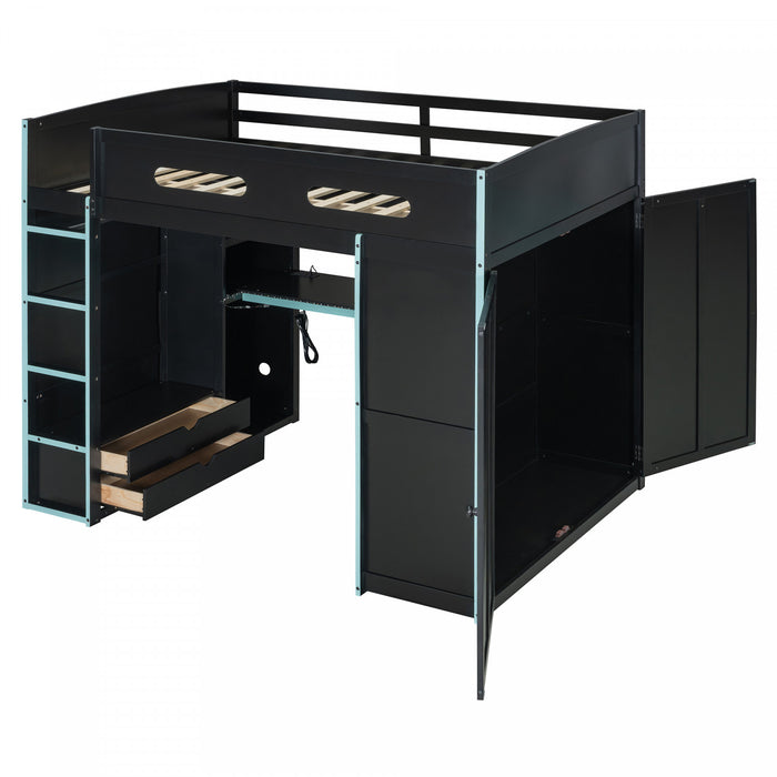 Jerry Lit mezzanine en bois avec bureau et rangement, Taille Double, Bleu