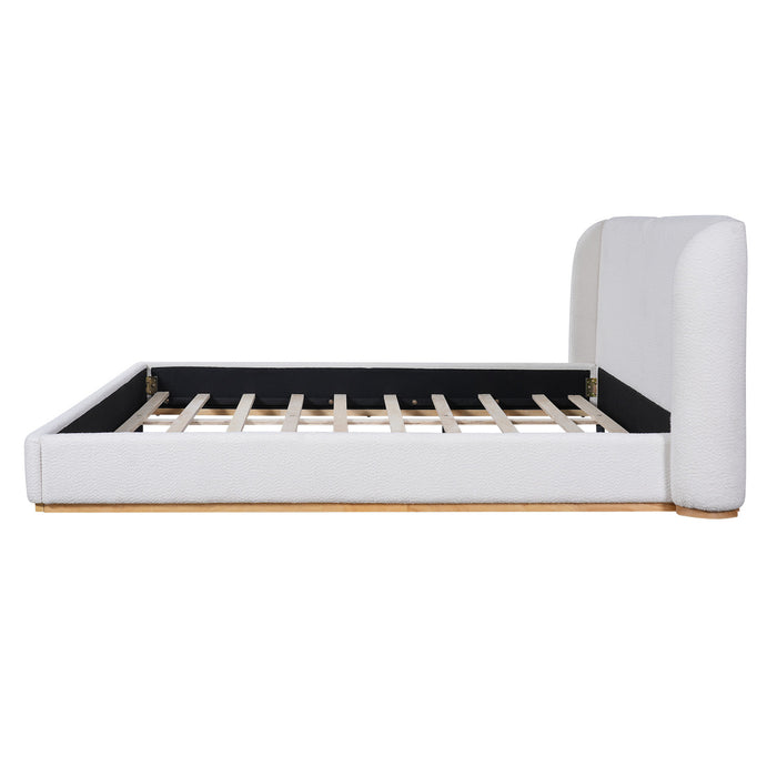 Lit plateforme Lucas a profil bas en boucle avec tete de lit a oreilles rembourree, taille king, blanc