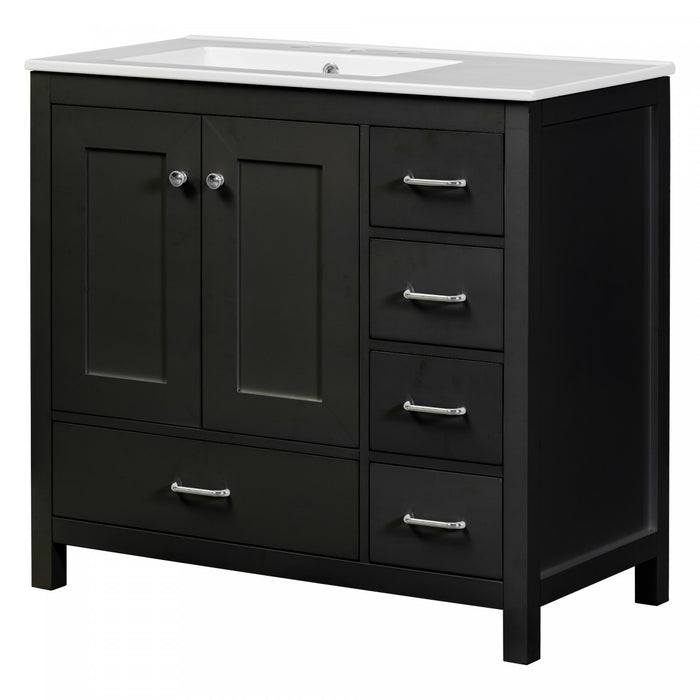Meuble de salle de bain moderne Derek 36 pouces avec lavabo ceramique et rangement multiple, noir