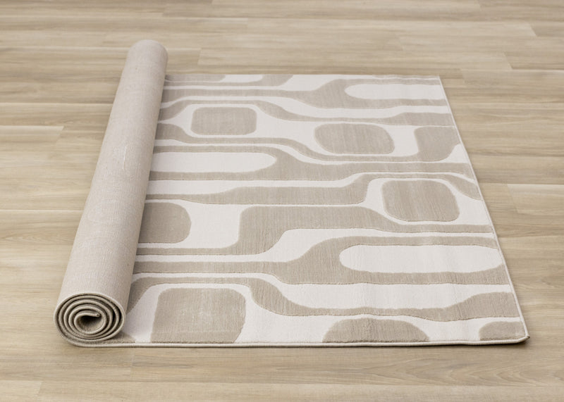 Carpette Leopold beige et crème de style moderne du milieu du 20e siècle - 6 pi 7 po x 9 pi 6 po