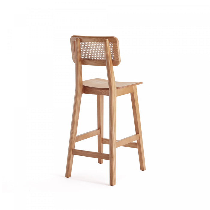 Tabouret de comptoir en bois a dossier cannage style industriel chic Versailles, naturel - Lot de 2