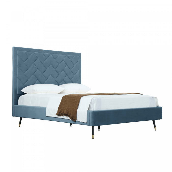 Lit Queen Moderne Crosby Rembourre en Velours Bleu