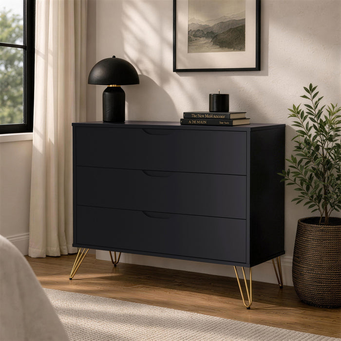 Commode Avira Mid-Century Modern 89 cm en noir (3 tiroirs)