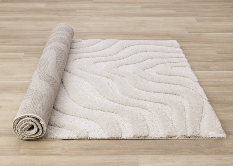 Carpette moderne, luxueuse et moelleuse Lincoln blanche à motif de courbes - 5 pi 3 po x 7 pi 7 po