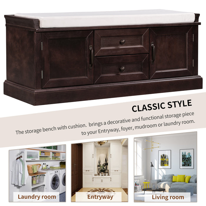 Banc De Rangement Boyce En Bois Massif Avec Meuble A Chaussures 4 Portes Et Coussin, Espresso