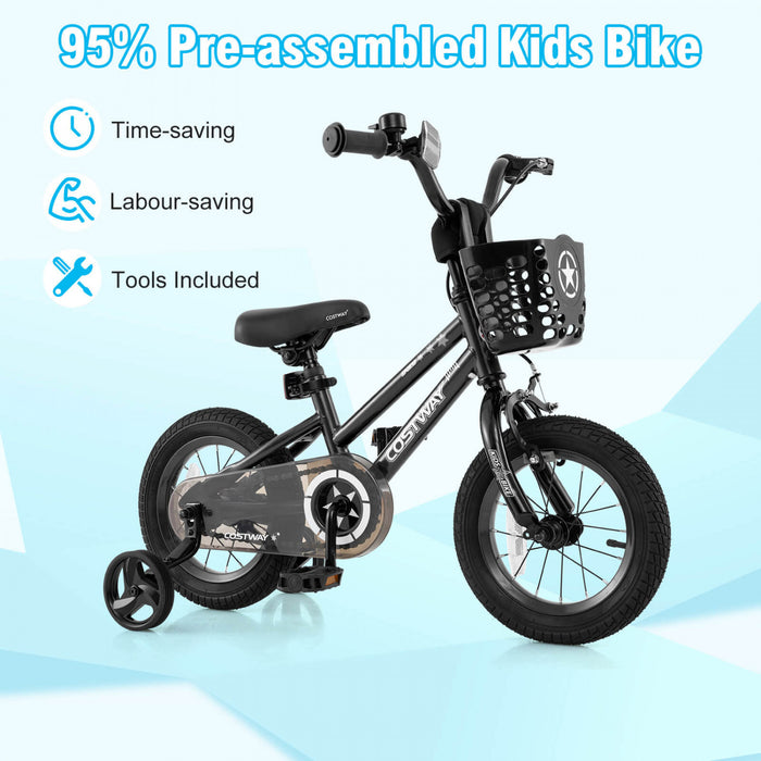 Costway 14\" Velo Pour Enfants Avec Roues D'entrainement Guidon Et Frein A Main Reglable Noir