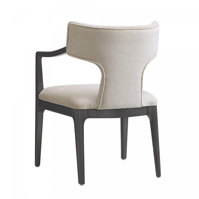 Fauteuil Eloria style moderne du milieu du siecle en bois et en chenille, coloris taupe