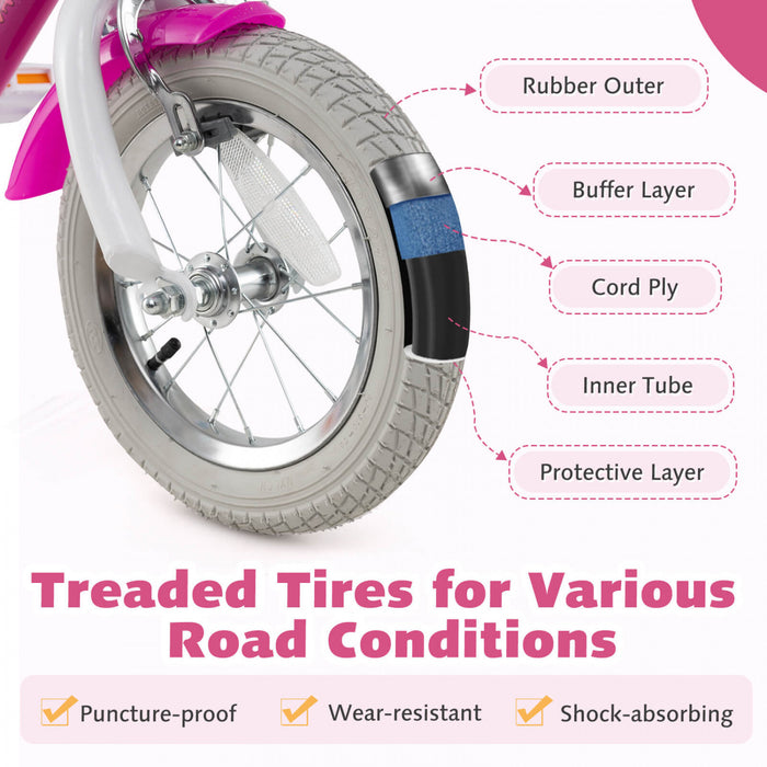 Costway 12 Pouces Enfants Velo Avec Roues D'entrainement Poupee Siege Panier Streamers Frein A Main Rose
