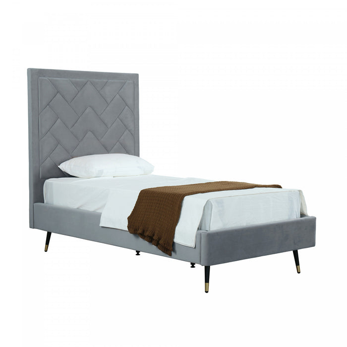 Lit simple moderne Crosby en velours capitonne gris