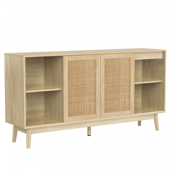 Oliver 61\" Buffet avec Portes Coulissantes en Rattan et Tiroirs, Naturel