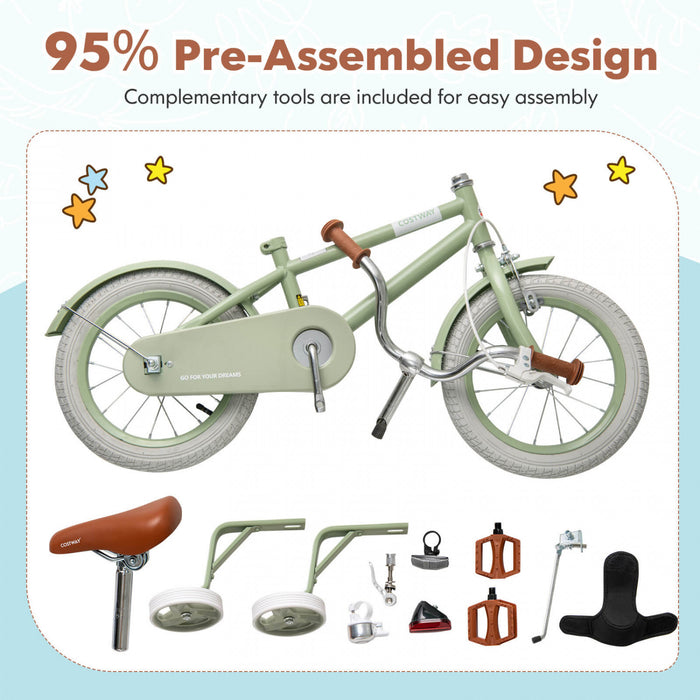 Costway 18\" Velo Pour Enfants Avec Guidon Reglable De Selle Roues D'entrainement Amovibles Frein A Main Vert