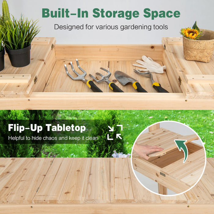 Table Pour Plante En Bois Avec Plateau Rabattable, Etageres Et 3 Crochets, Table De Rempotage Pour Serre / Jardin / Terrasse, Table De Jardinage, Capacite De Charge 150 Kg, 110x50x153cm
