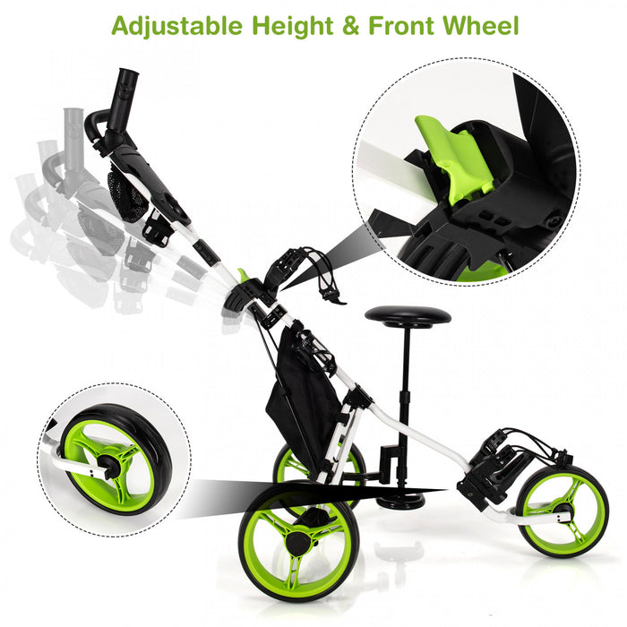 Goplus Pliant 3 Roues Golf Push Cart W/seat Tableau De Bord Poignee Reglable Vert