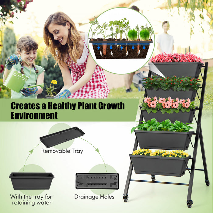 Costway 5-tier Vertical Raised Garden Bed Elevated Planter Avec Roues Et Boites A Conteneurs