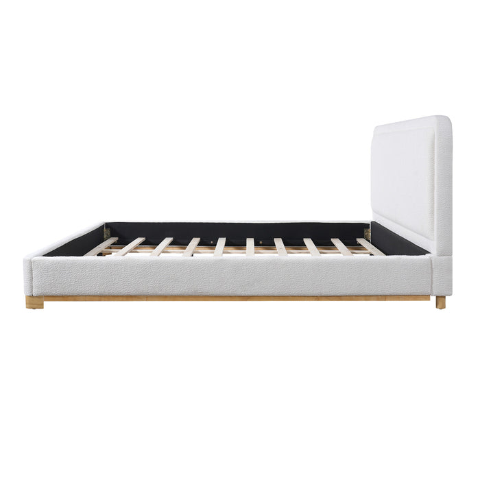 Lit plateforme Ethan a profil bas en boucle avec tete de lit courbee rembourree, taille king, blanc