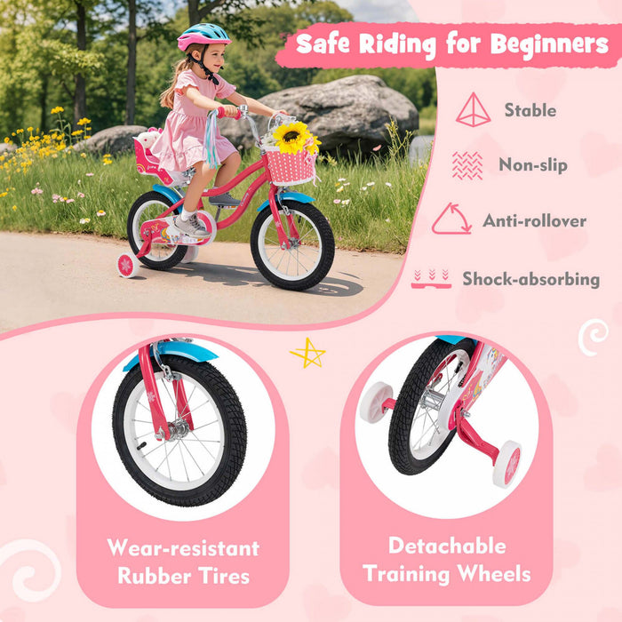 Costway 14 Pouces Enfants Velo Avec Panier Poupee Siege & Streamers Colores 2 Roues D'entrainement Rose