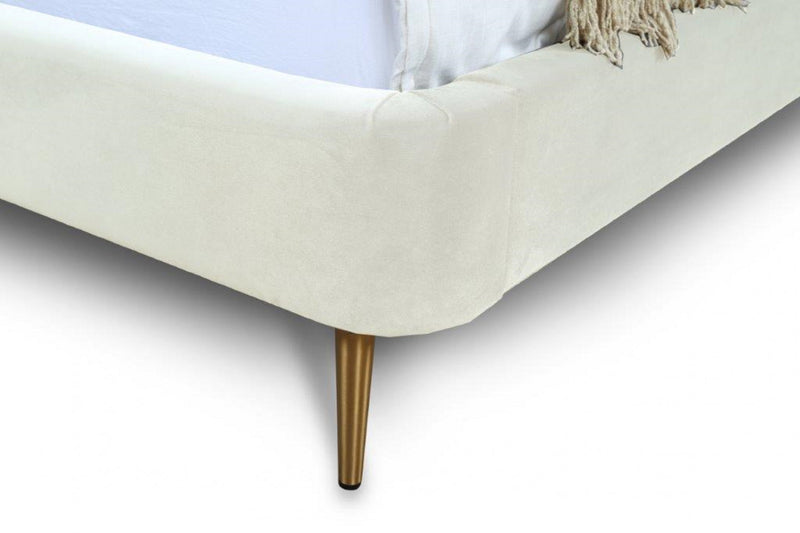 Lit Queen Heather style milieu du siecle moderne, rembourre en velours creme et or