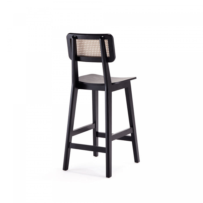 Tabouret de comptoir industriel chic Versailles avec dossier en cannage, bois noir et naturel - Lot de 3